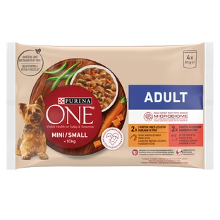 PURINA One Mini Adult, 2 smaken, multipack zakjes nat hondenvoer, (in saus), 85g x 4