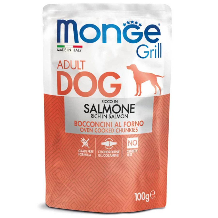 MONGE Grill, XS-XL, Zalm, zakje vochtig hondenvoer, (in eigen sap), 100g