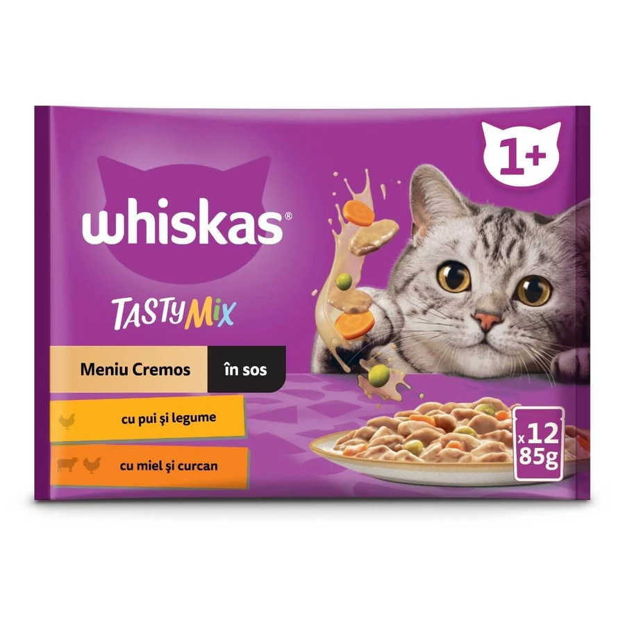 WHISKAS Tasty Mix Creamy Creations, Kip en Groenten, Lam en Kalkoen, zakje natvoer voor katten, (in saus), multipack, 85g x 12