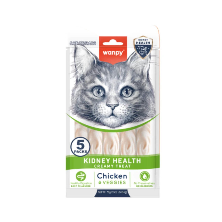 WANPY Niergezondheid Creamy Treat, Kip en Groente, functioneel beloningszakje voor katten, niersysteem, (puree), 70g, 70g
