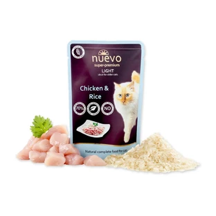 NUEVO Light, Poulet et Riz, sachet de nourriture humide pour chats, obésité, (pâté), 85g