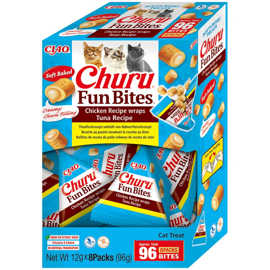 INABA Churu Churu Fun Bites, Huhn und Thunfisch, getreidefreie Katzenbelohnungsbox, 96g