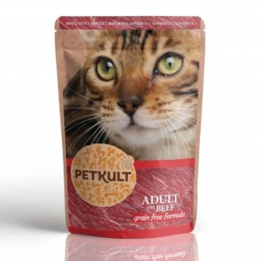 PETKULT Boeuf, sachet de nourriture humide sans céréales pour chats, 100g