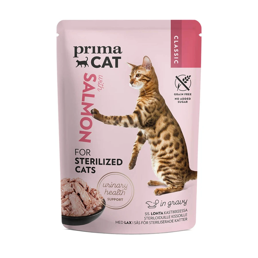 PRIMA CAT Classic Sterilized, saumon, sachet de nourriture humide, sans céréales, pour chats stérilisés, (en sauce), bax, 85g x 28pcs