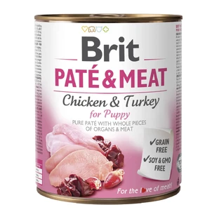 BRIT Pate and Meat Puppy, XS-XL, Kip en kalkoen, natvoer in blik voor jonge honden, (pate), 800g