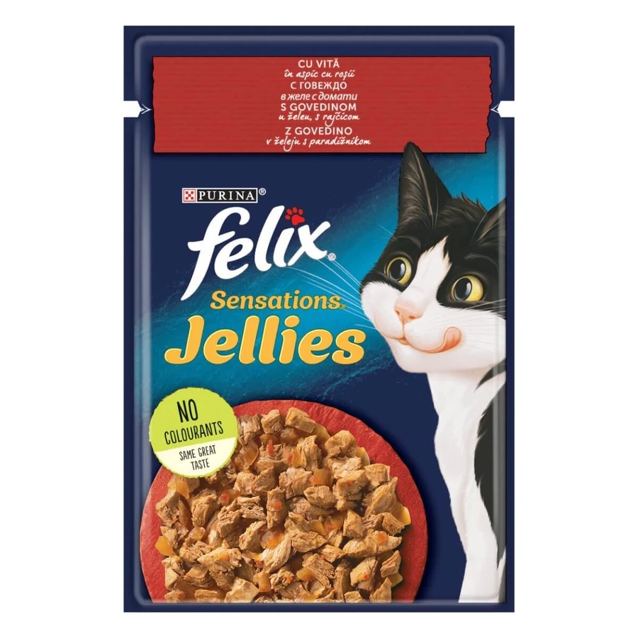 PURINA Felix Sensations, Rindfleisch mit Tomaten, Beutel Nassfutter für Katzen, (in Aspik), 85g