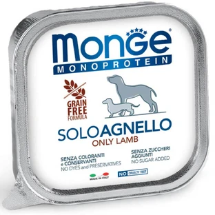 MONGE Monoprotein, XS-XL, Agneau, plateau, nourriture humide mono-protéine sans grain pour chiens, (pâté), 150g