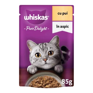 WHISKAS Pure Delight, Pollo, sobre comida húmeda para gatos, (en aspic), 85g