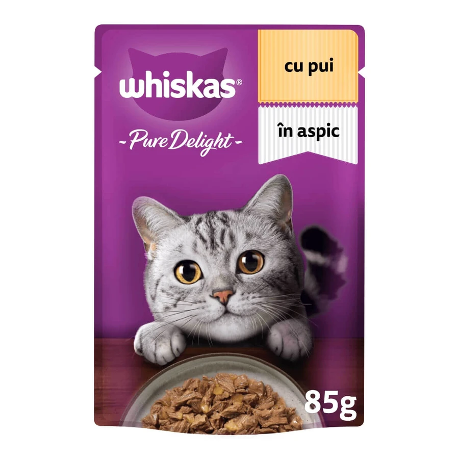 WHISKAS Pure Delight, Pollo, sobre comida húmeda para gatos, (en aspic), 85g