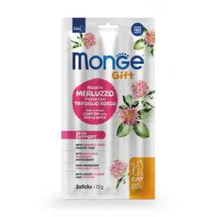 MONGE MONGE Regalo Sticks Suaves de Apoyo para la Piel, Bacalao y Trébol, bolsita de recompensa funcional sin cereales para gatos, piel y pelo, 15g