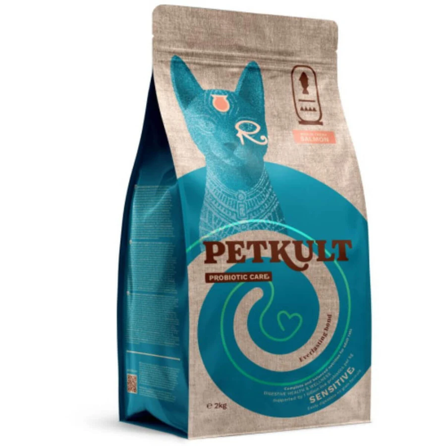 PETKULT Probiotic Care Sensitive, Zalm en kalkoen, graanvrij droogvoer voor katten, spijsverteringsstelsel, 2kg