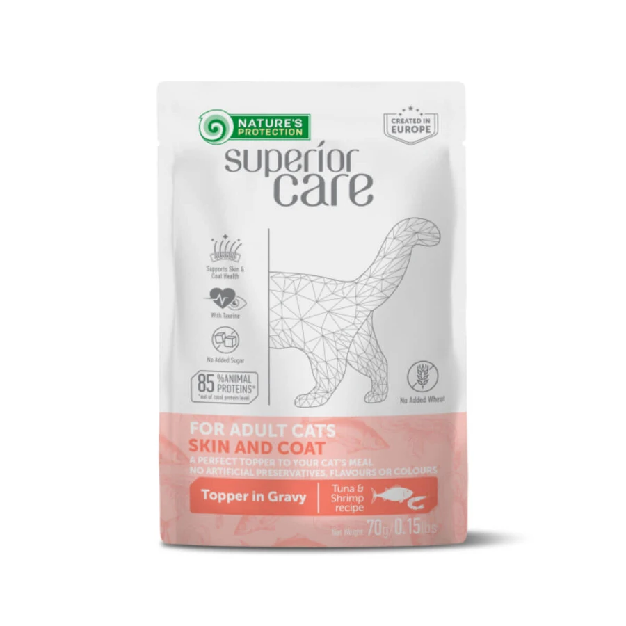 NATURES PROTECTION Superior Care Superior Care Huid & Vacht, Tonijn & Garnalen, zakje vochtig kattenvoer, huid & vacht, (topping), 70g, 70g