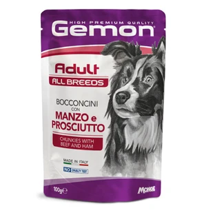 GEMON All Breeds, XS-XL, Rind und Schinken, Beutel getreidefreies Nassfutter für Hunde, (in Aspik), 100g
