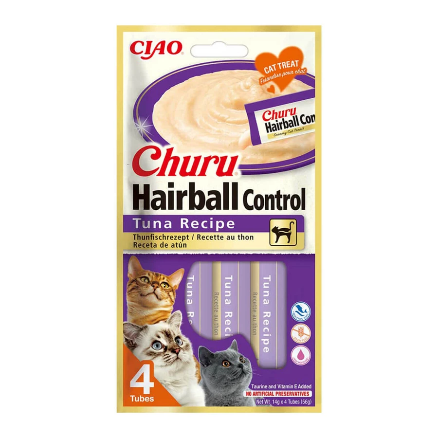 INABA Churu Churu Hairball Control, Thon, sachet, tube, récompenses sans céréales pour chats, contrôle des boules de poils, (purée), 56g