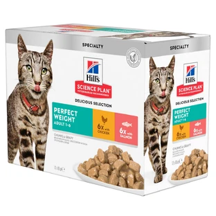 HILL'S Science Plan Perfect Weight, Poulet et Saumon, sachet de nourriture humide pour chat, obésité, (en sauce), bax, 85g x 12pcs