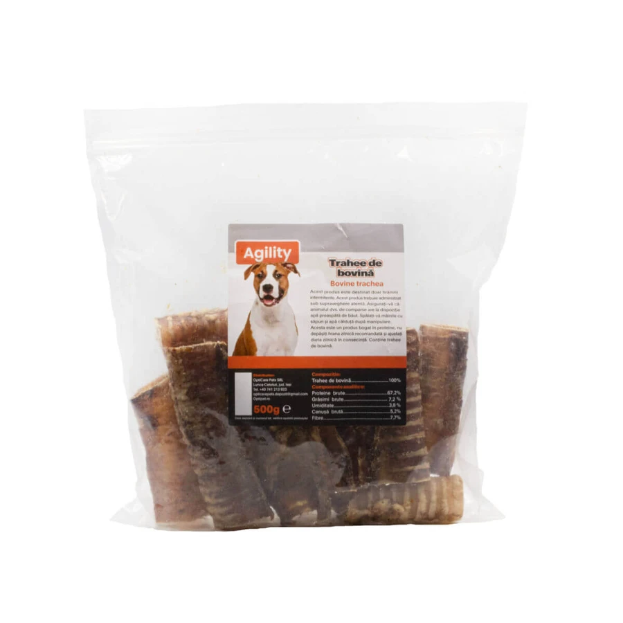 AGILITY Rindertrachee, XS-XL, natürlicher dehydrierter Belohnungsbeutel für Hunde, 500g