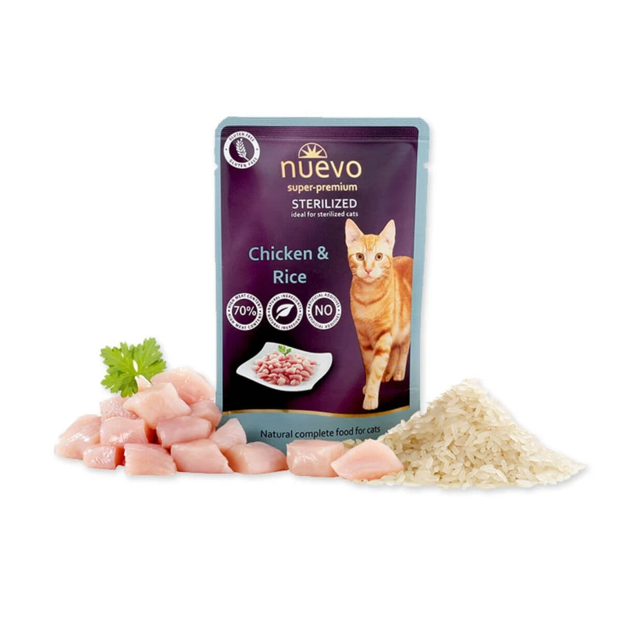 NUEVO Sterilized, Pollo y Arroz, sobre de comida húmeda para gatos esterilizados, (paté), 85g