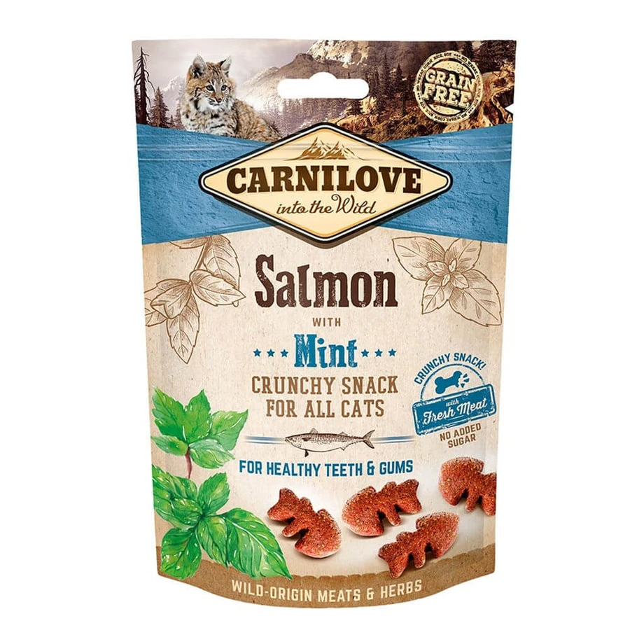 CARNILOVE Crunchy Snack, Lachs mit Minze, getreidefreie funktionelle Belohnung für Katzen, zahnempfindlich, 50g
