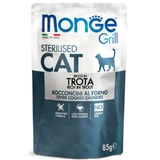 MONGE Grill Stérilisé, Truite, sachet de nourriture humide sans grain pour chats stérilisés, obésité, appétit difficile, (en aspic), 85g