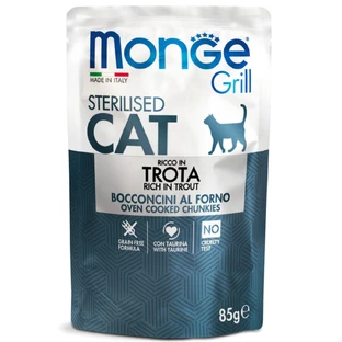 MONGE Grill Gesteriliseerd, Forel, zakje graanvrij natvoer voor gesteriliseerde katten, zwaarlijvigheid, kieskeurige eetlust, (in aspic), 85g