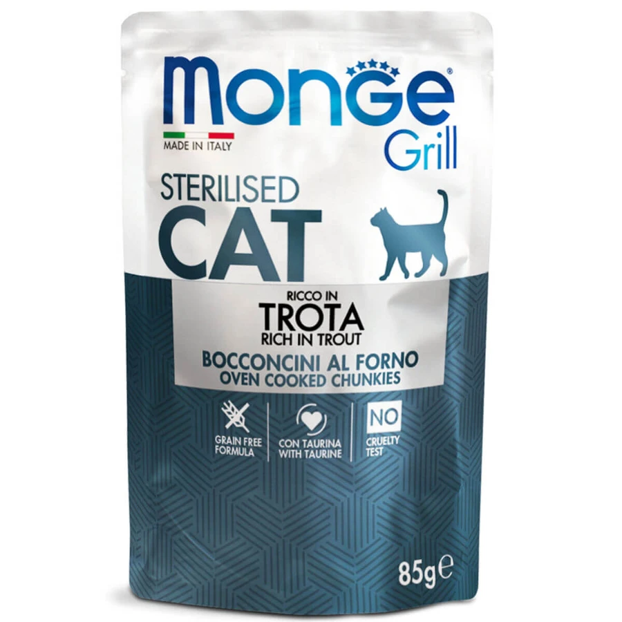 MONGE Grill Gesteriliseerd, Forel, zakje graanvrij natvoer voor gesteriliseerde katten, zwaarlijvigheid, kieskeurige eetlust, (in aspic), 85g