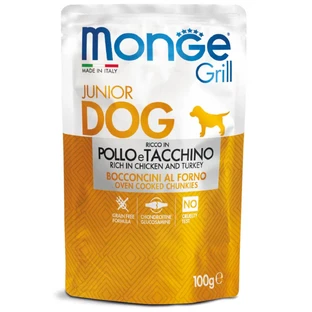 MONGE Grill Junior, XS-XL, Kip en Kalkoen, zakjes natvoer voor junior honden, (in eigen sap), 100g
