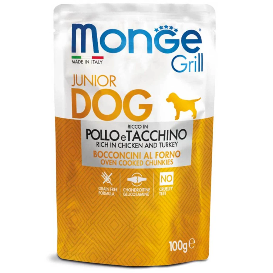 MONGE Grill Junior, XS-XL, Kip en Kalkoen, zakjes natvoer voor junior honden, (in eigen sap), 100g