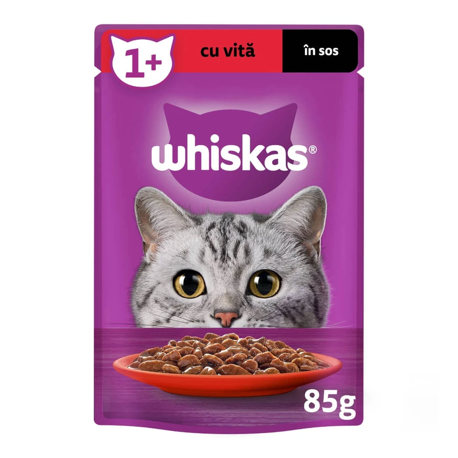 WHISKAS, Ternera, sobre comida húmeda para gatos, (en salsa), 85g