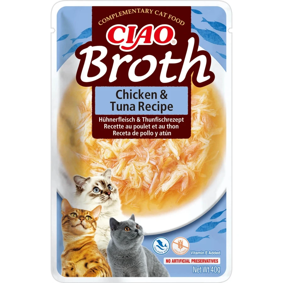 INABA Ciao Broth, Huhn und Thunfisch, Beutel getreidefreies Katzennassfutter, (in Suppe), 40g