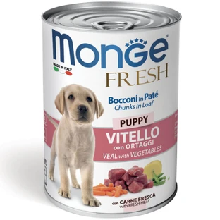 MONGE Fresh Puppy&Junior, XS-XL, Ternera y Verduras, comida húmeda en lata para perros junior, (en su propio jugo), 400g