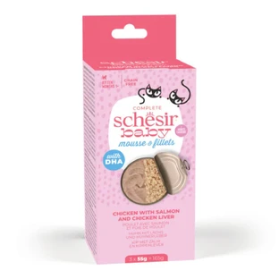 SCHESIR Baby Mousse & Filetes, Pollo y Salmón, comida en lata húmeda sin cereales para gatos junior, (mousse), multipack, 55g x 3pcs
