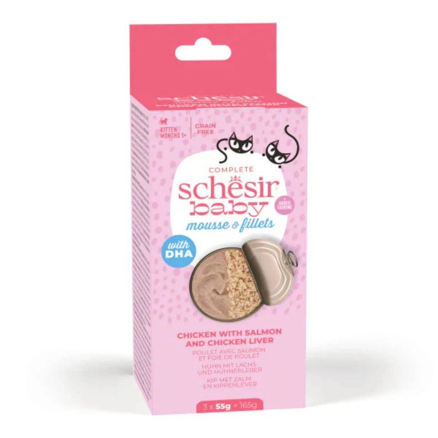 SCHESIR Baby Mousse & Filetes, Pollo y Salmón, comida en lata húmeda sin cereales para gatos junior, (mousse), multipack, 55g x 3pcs
