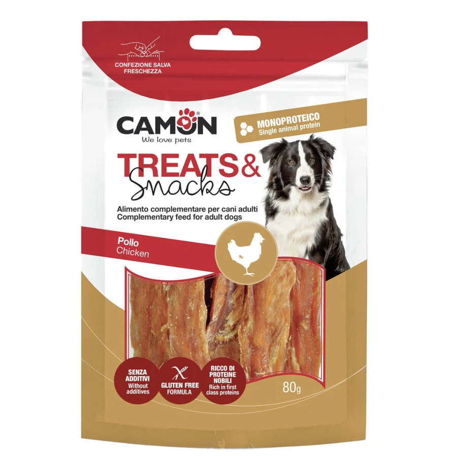 CAMON Gedroogde Kipreepjes, XS-XL, Kip, beloningszakje voor honden, 80g