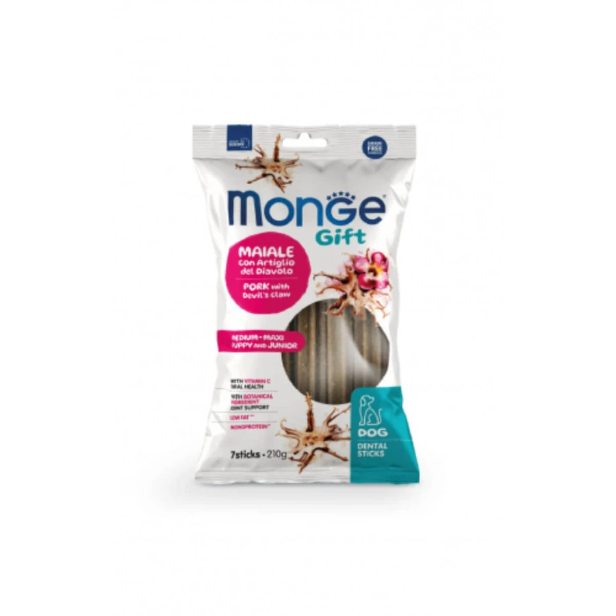 MONGE Gift Puppy&Junior Medium und Maxi Dental Sticks, M-XL, Schwein und Teufelskralle, funktioneller getreidefreier Belohnungsbeutel für junge Hunde, 210g