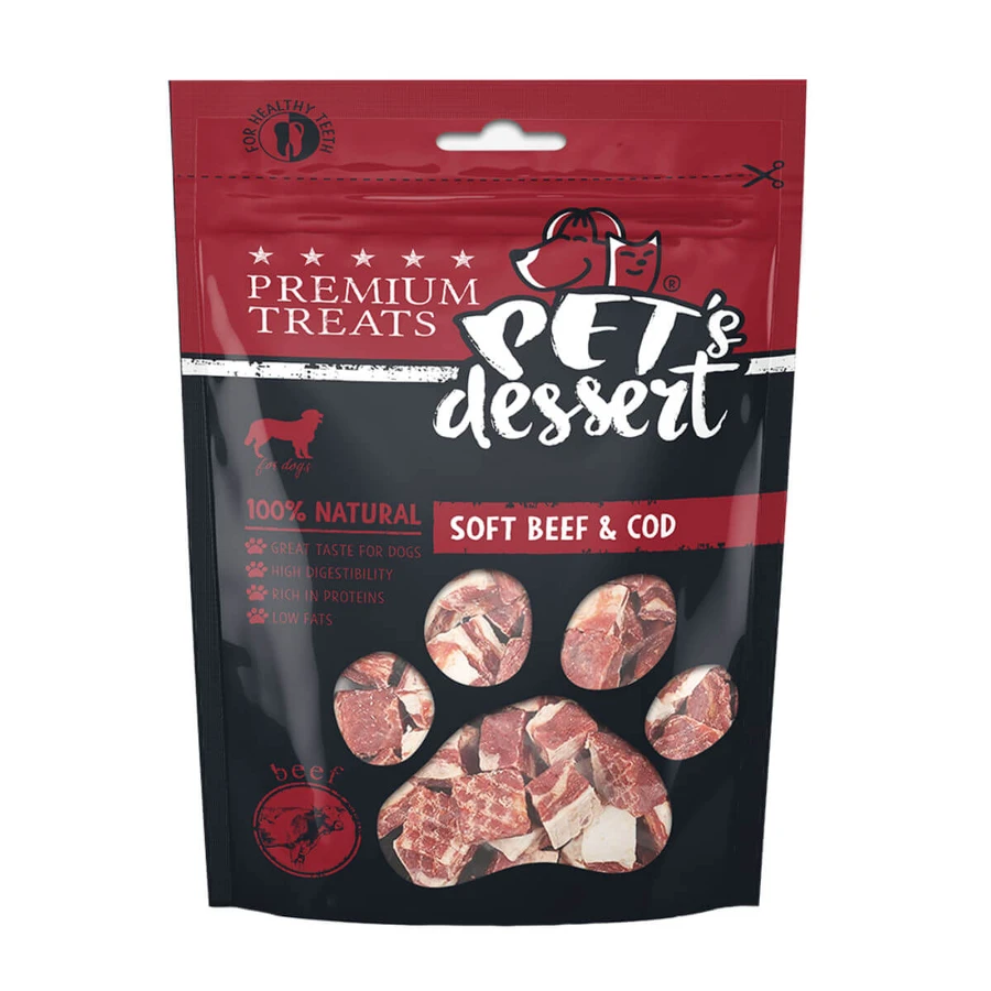 PET'S DESSERT Soft, XS-XL, Rindfleisch und Kabeljau, getreidefreier Belohnungsbeutel für Hunde, 80g