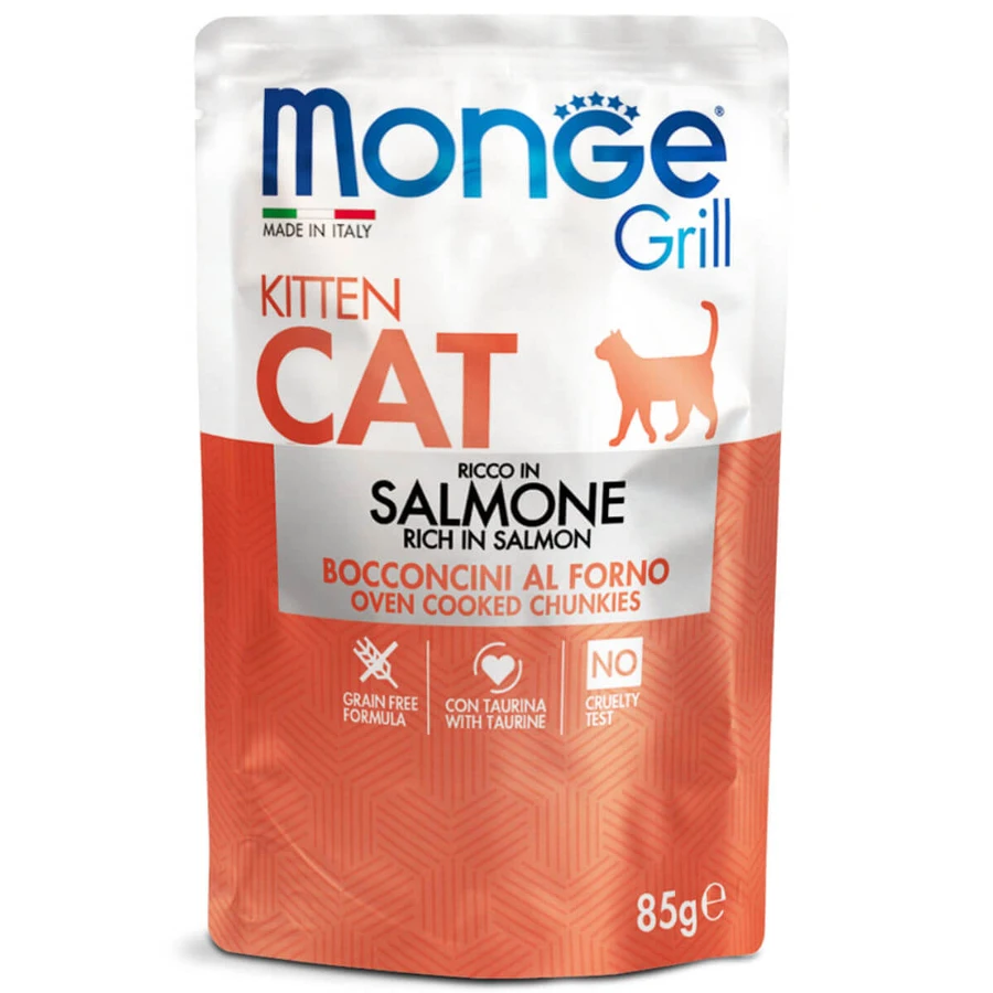 MONGE Grill Kitten, Zalm, zakje graanvrij natvoer voor jonge katten, (in aspic), 85g