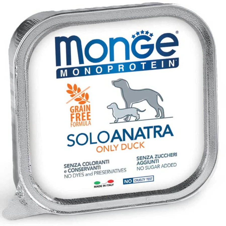MONGE Monoprotein, XS-XL, Duck, tray, single protein grain-free wet food for dogs, (paté), 150g
