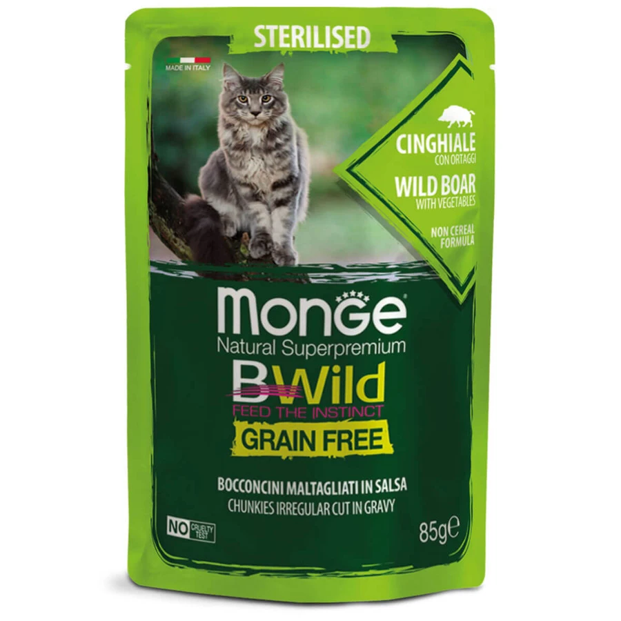 MONGE BWild BWild Sterilized, Jabalí y Verduras, sobre de comida húmeda sin cereales para gatos esterilizados, (en salsa), 85g