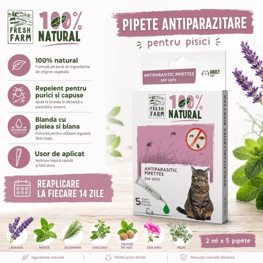 FRESH FARM, natuurlijke uitwendige ontworming voor katten, afweer pipet, 2ml x 5st