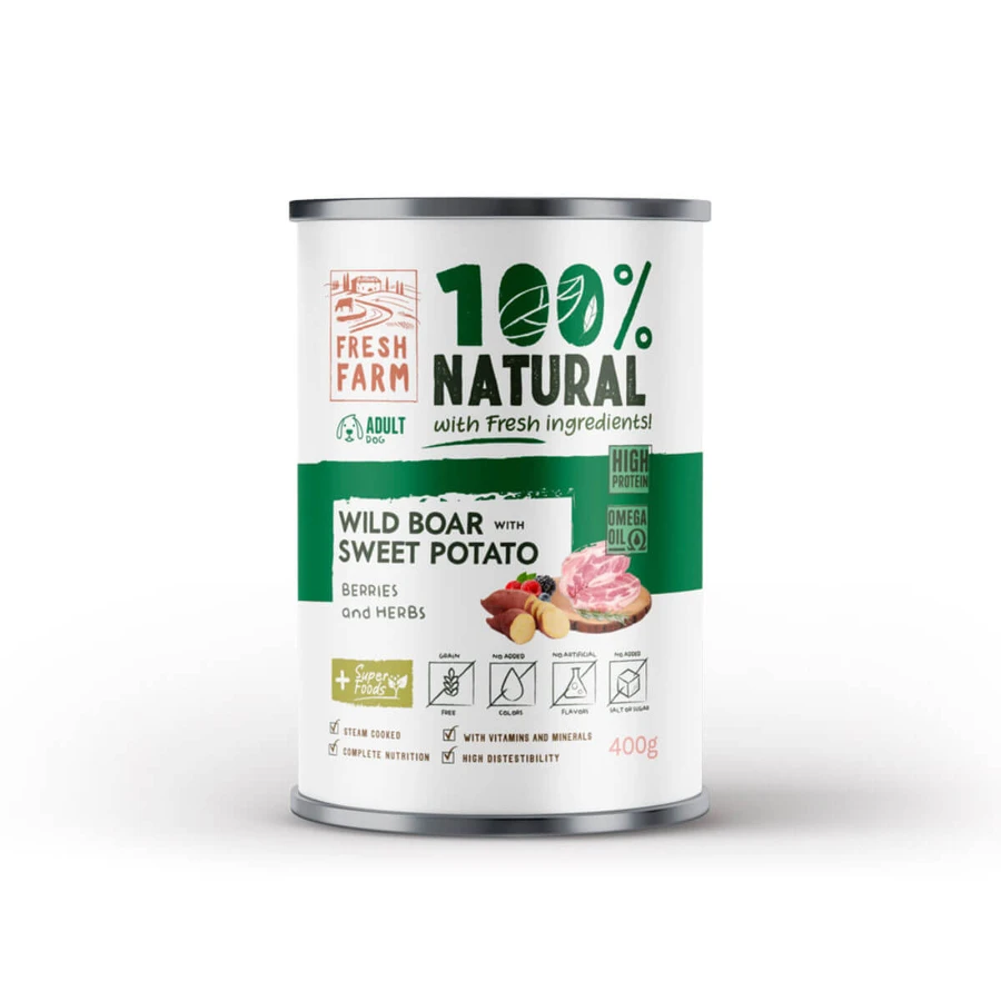 FRESH FARM Coarse, XS-XL, Wild Boar and Sweet Potato, canned grain-free moist dog food, (pate), 400g