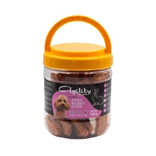 AGILITY Getrocknete Chips, XS-XL, Kaninchen und Huhn, Belohnungseimer für Hunde, 500g