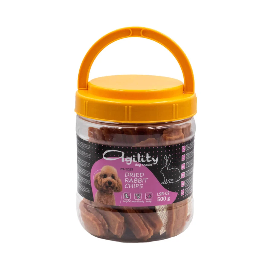 AGILITY Getrocknete Chips, XS-XL, Kaninchen und Huhn, Belohnungseimer für Hunde, 500g