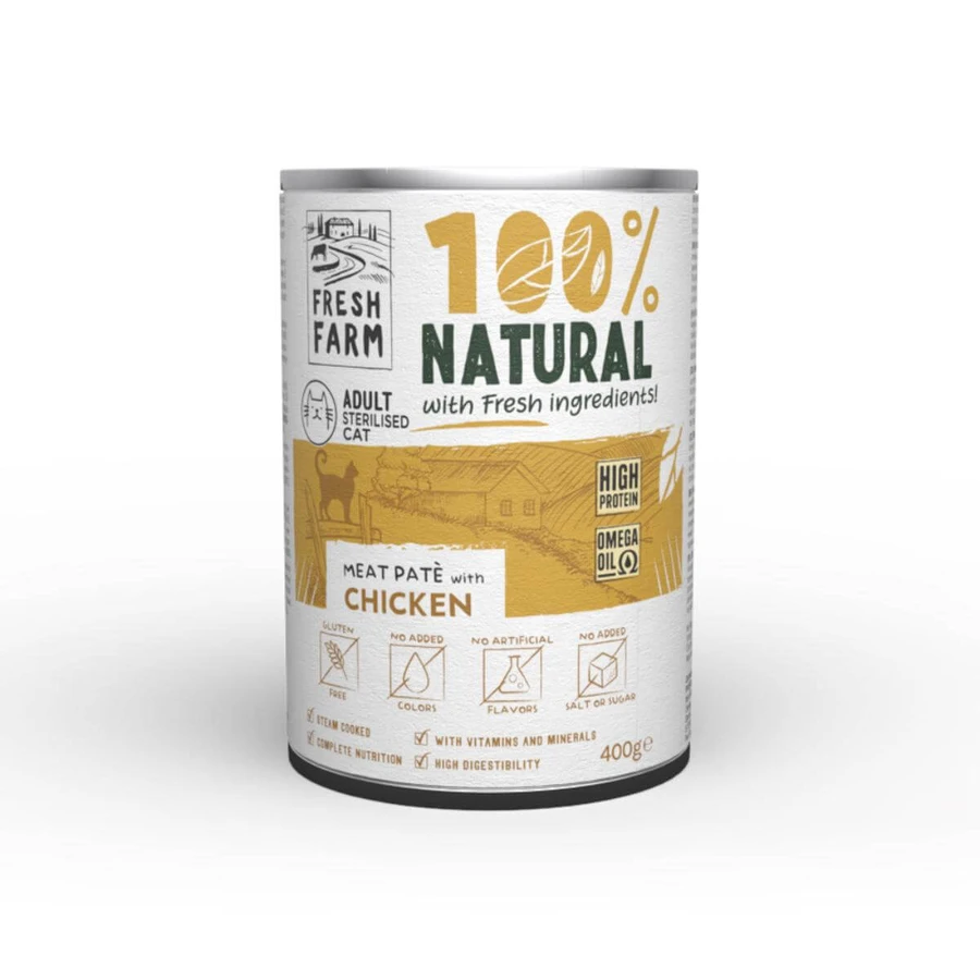 FRESH FARM Smooth Sterilized, Kip, natvoer in blik voor gesteriliseerde katten, (pate), 400g
