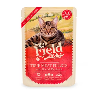 SAM'S FIELD True Meat Fillets Sterilized, Beef, sobre de comida húmeda sin cereales para gatos esterilizados, (en salsa), 85g