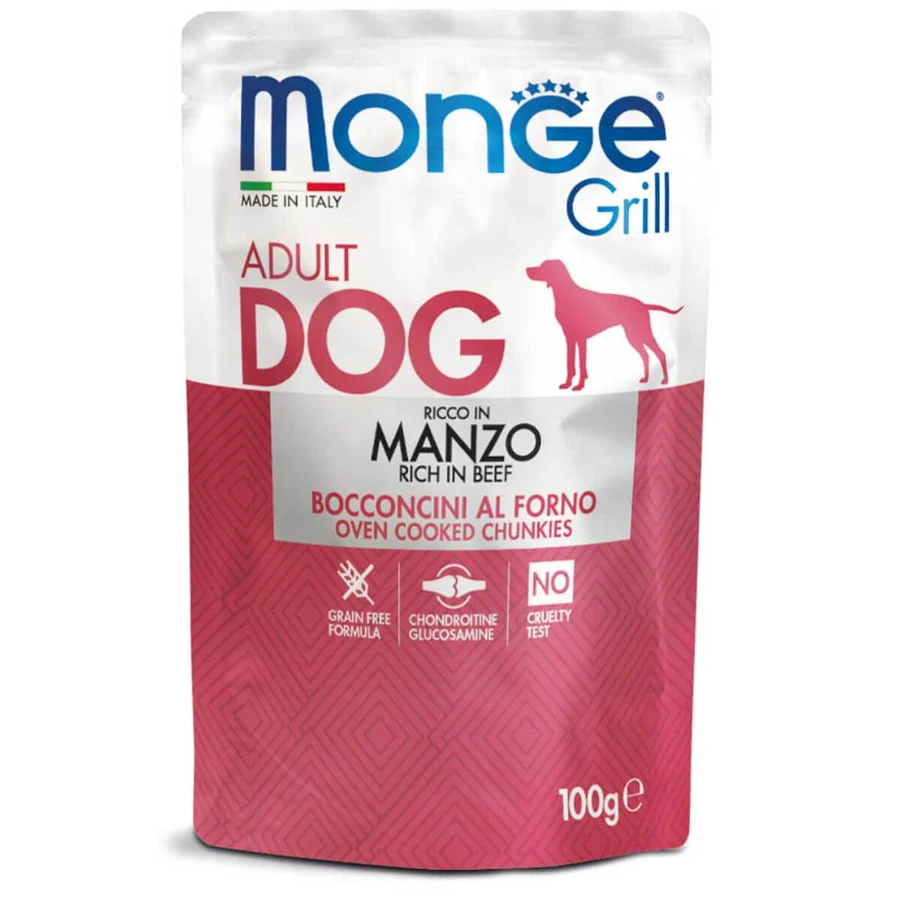 MONGE Grill, XS-XL, Rundvlees, zakje vochtig hondenvoer, (op eigen sap), 100g