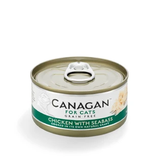 CANAGAN, Pollo y Lubina, comida húmeda en lata sin cereales para gatos jóvenes y adultos, (en su propio jugo), 75g