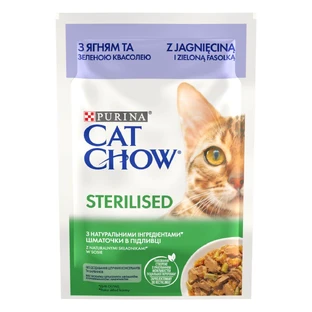PURINA Cat Chow Sterilized, Cordero y Judías Verdes, sobre de comida húmeda para gatos esterilizados, (en salsa), 85g