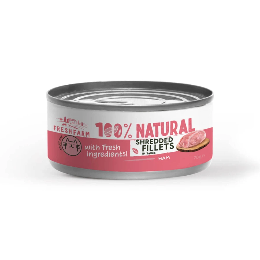 FRESH FARM Filets râpés, bacon et poulet, nourriture humide en conserve sans céréales pour chats, (en sauce), 70g