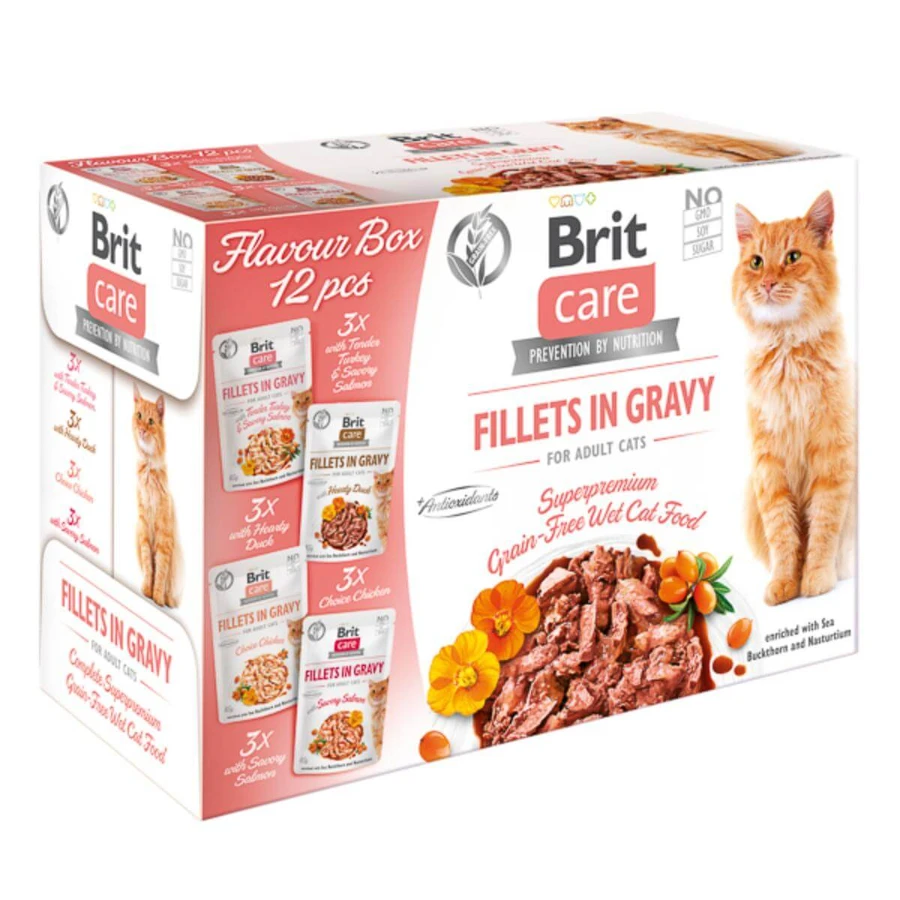 BRIT Care Flavour Box Fillet In Gravy, 4 flavors, sachet grain-free wet cat food, (in gravy), 85g x 12