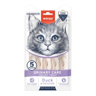 WANPY Urinary Care Creamy Treats, Pato y Pollo, golosinas funcionales para gatos, sistema urinario, (en puré), 70g, 70g